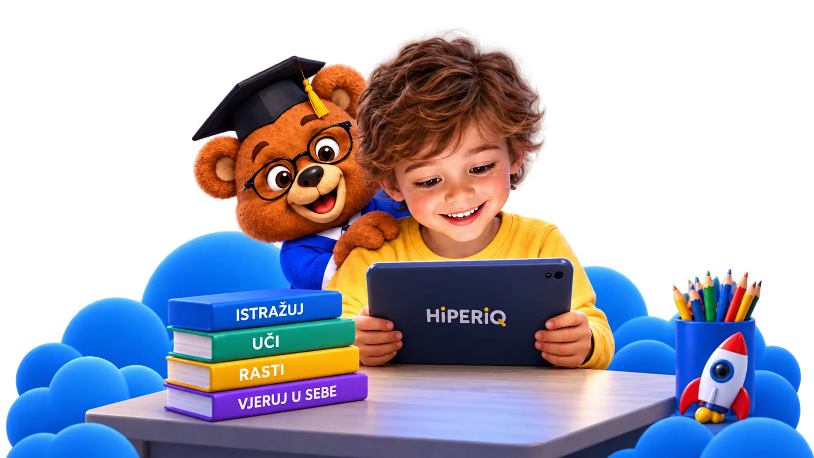 Medvjedić i dijete s tabletom