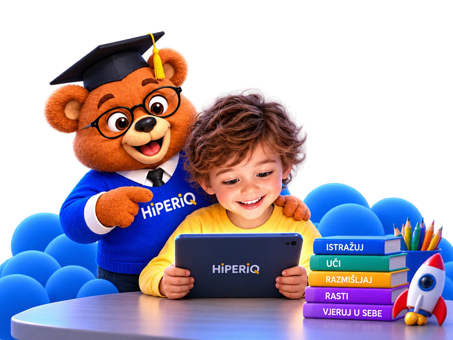 Medvjedić i dijete uče uz tablet